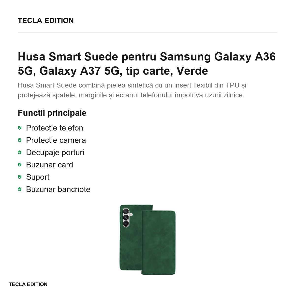 Husa Smart Suede pentru Samsung Galaxy A36 5G, Galaxy A37 5G, tip carte, Verde [2]
