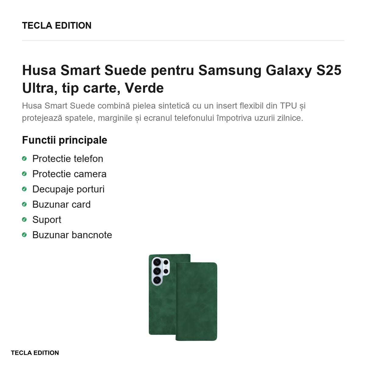 Husa Smart Suede pentru Samsung Galaxy S25 Ultra, tip carte, Verde [2]