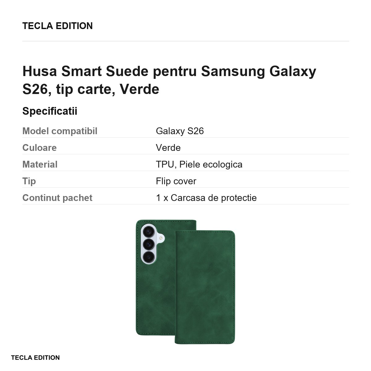 Husa Smart Suede pentru Samsung Galaxy S26, tip carte, Verde [3]