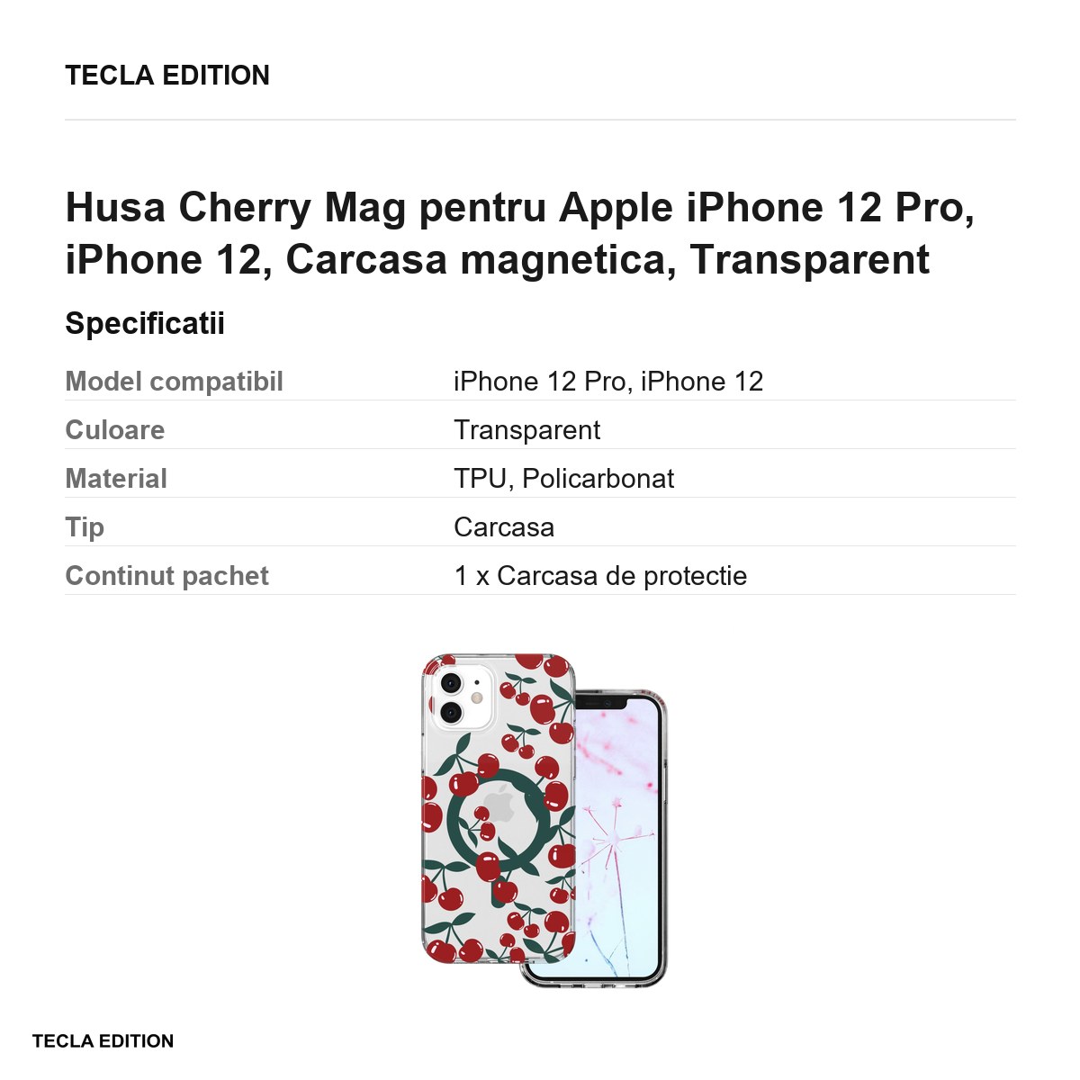 Husa Cherry Mag pentru Apple iPhone 12 Pro, iPhone 12, Carcasa magnetica, Transparent [3]