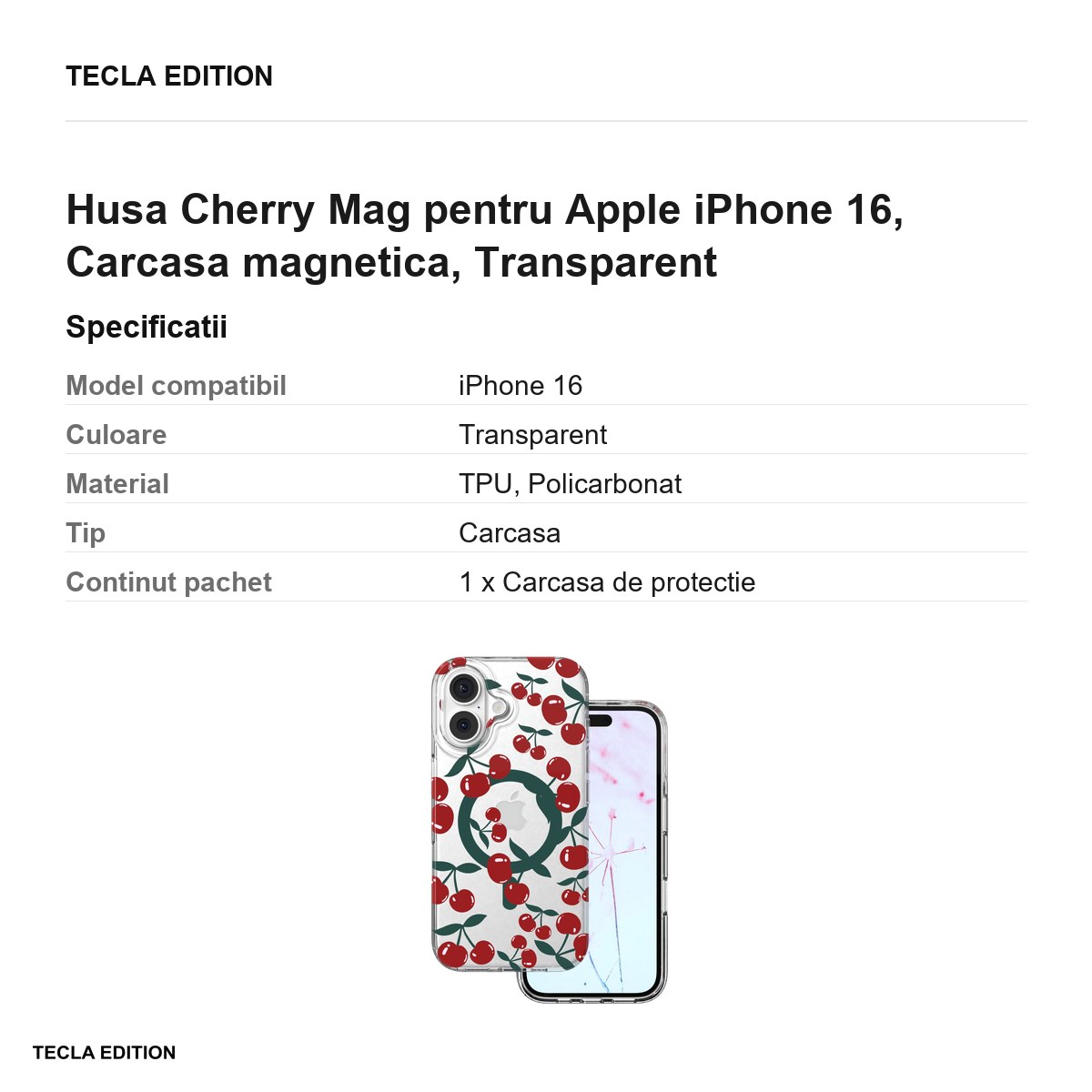 Husa Cherry Mag pentru Apple iPhone 16, Carcasa magnetica, Transparent [3]