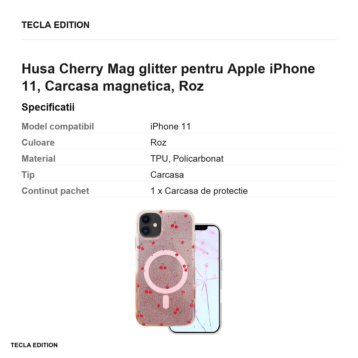 Husa Cherry Mag glitter pentru Apple iPhone 11, Carcasa magnetica, Roz [3]
