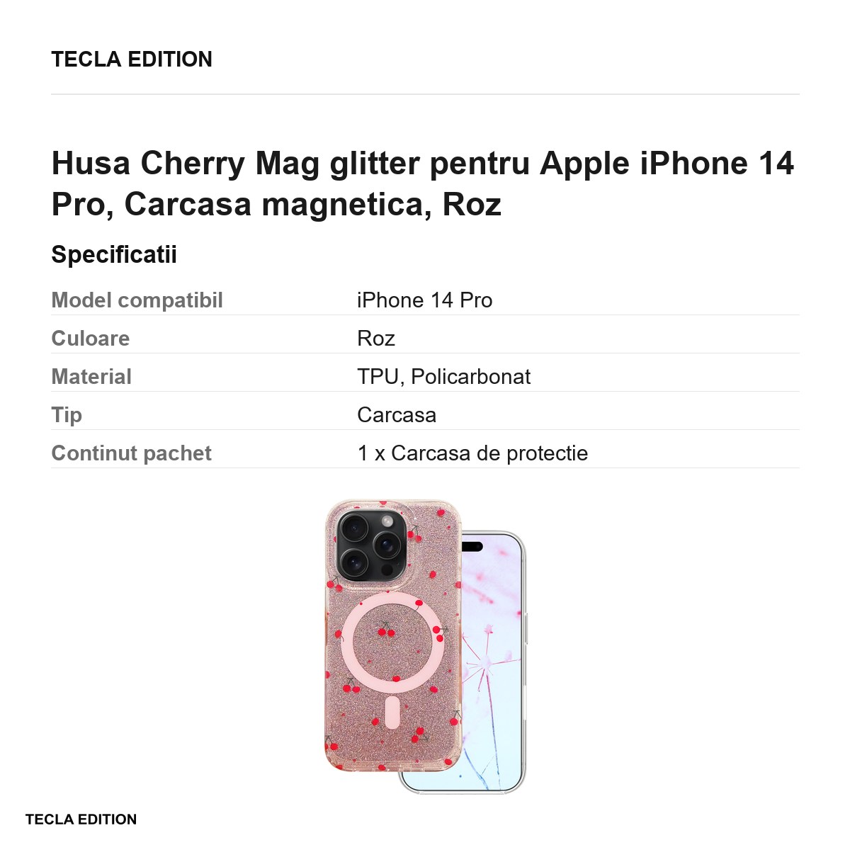 Husa Cherry Mag glitter pentru Apple iPhone 14 Pro, Carcasa magnetica, Roz [3]