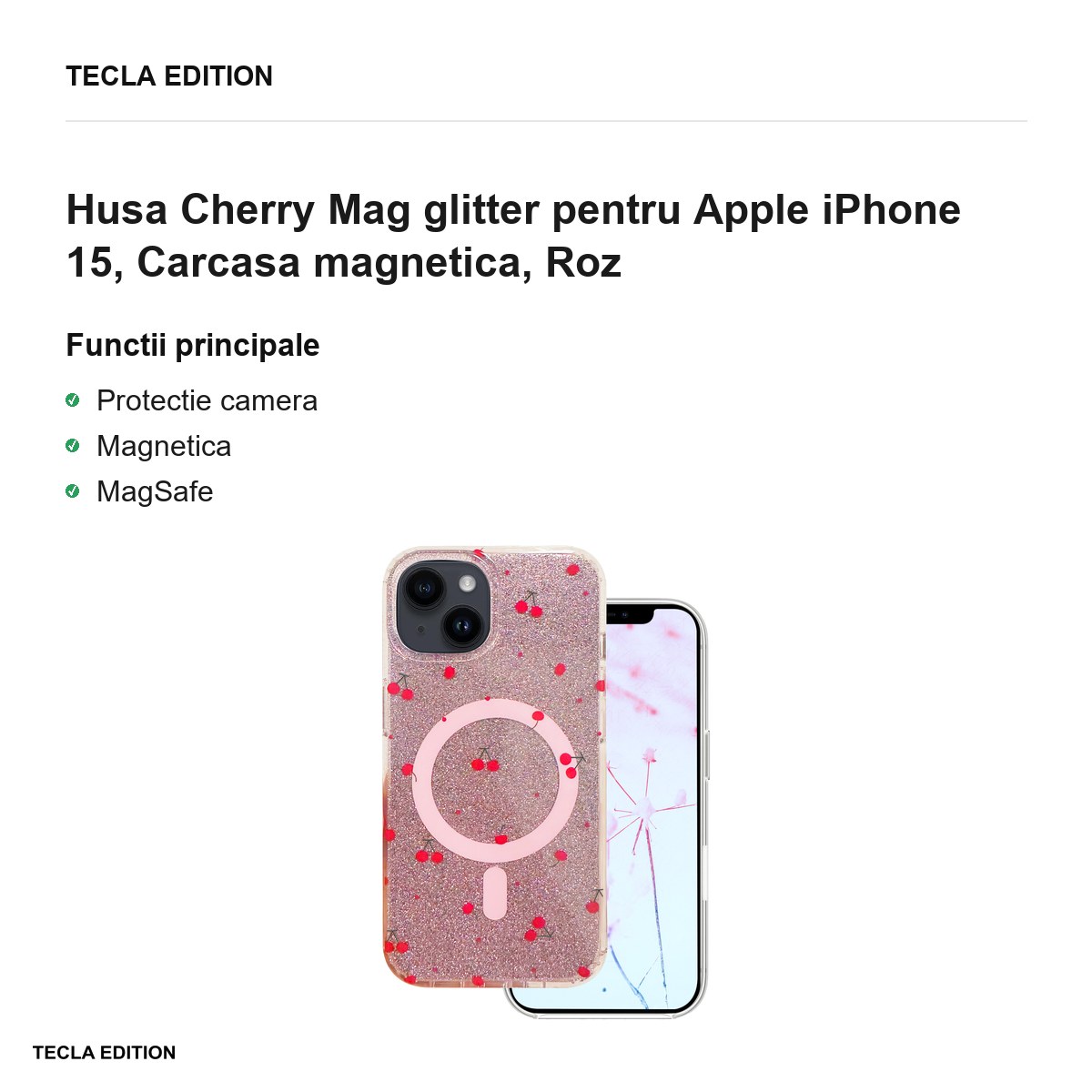 Husa Cherry Mag glitter pentru Apple iPhone 15, Carcasa magnetica, Roz [2]