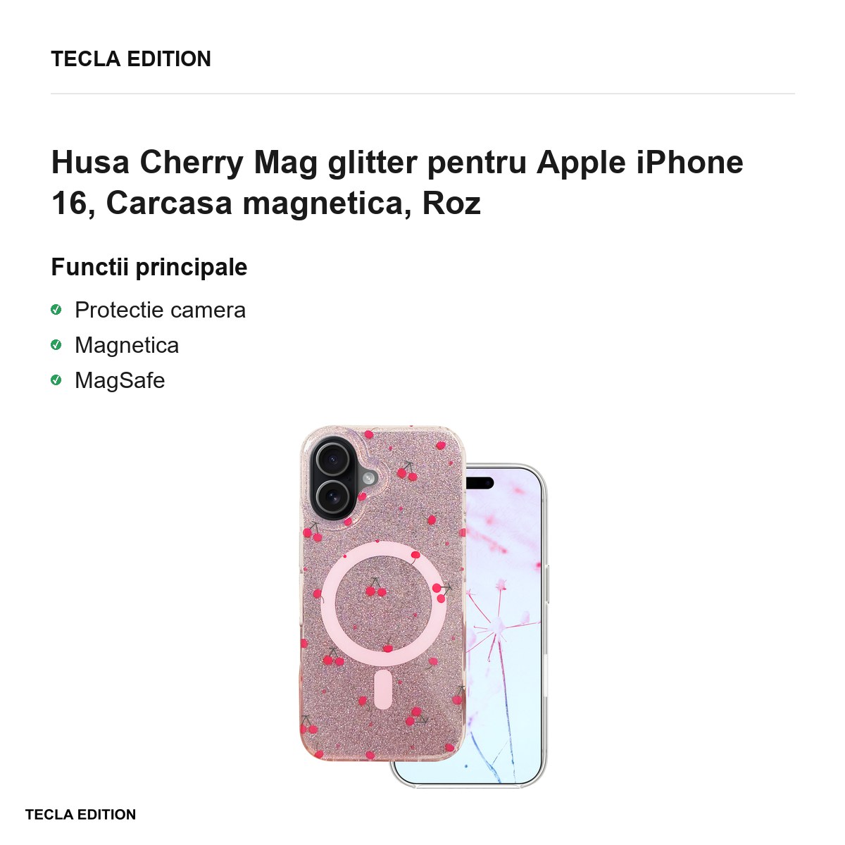 Husa Cherry Mag glitter pentru Apple iPhone 16, Carcasa magnetica, Roz [2]