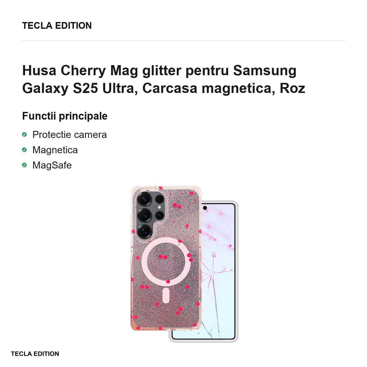 Husa Cherry Mag glitter pentru Samsung Galaxy S25 Ultra, Carcasa magnetica, Roz [2]