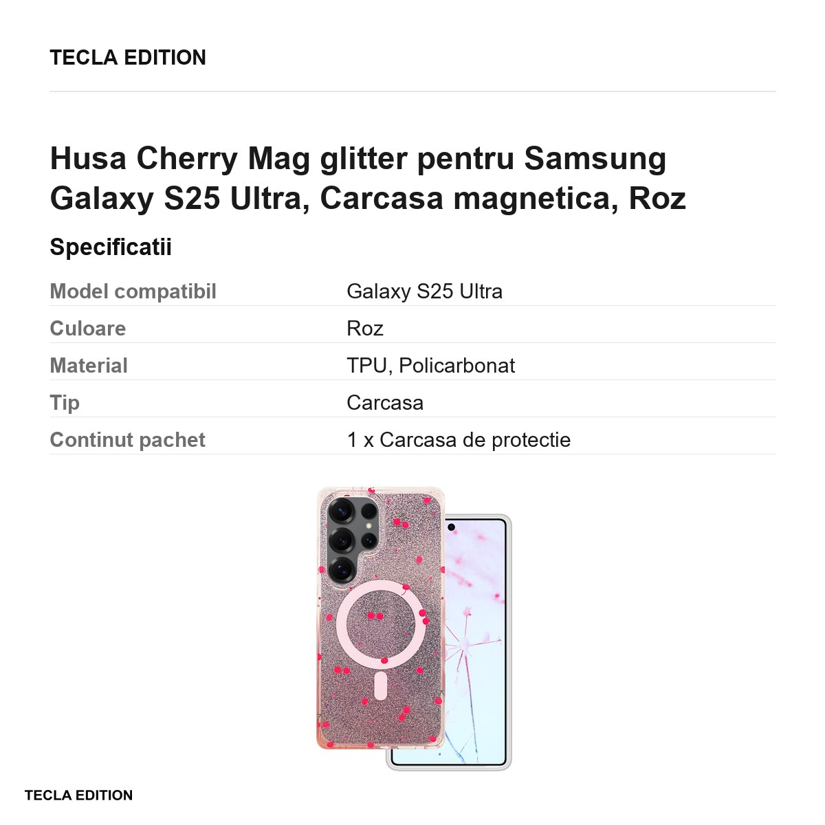 Husa Cherry Mag glitter pentru Samsung Galaxy S25 Ultra, Carcasa magnetica, Roz [3]