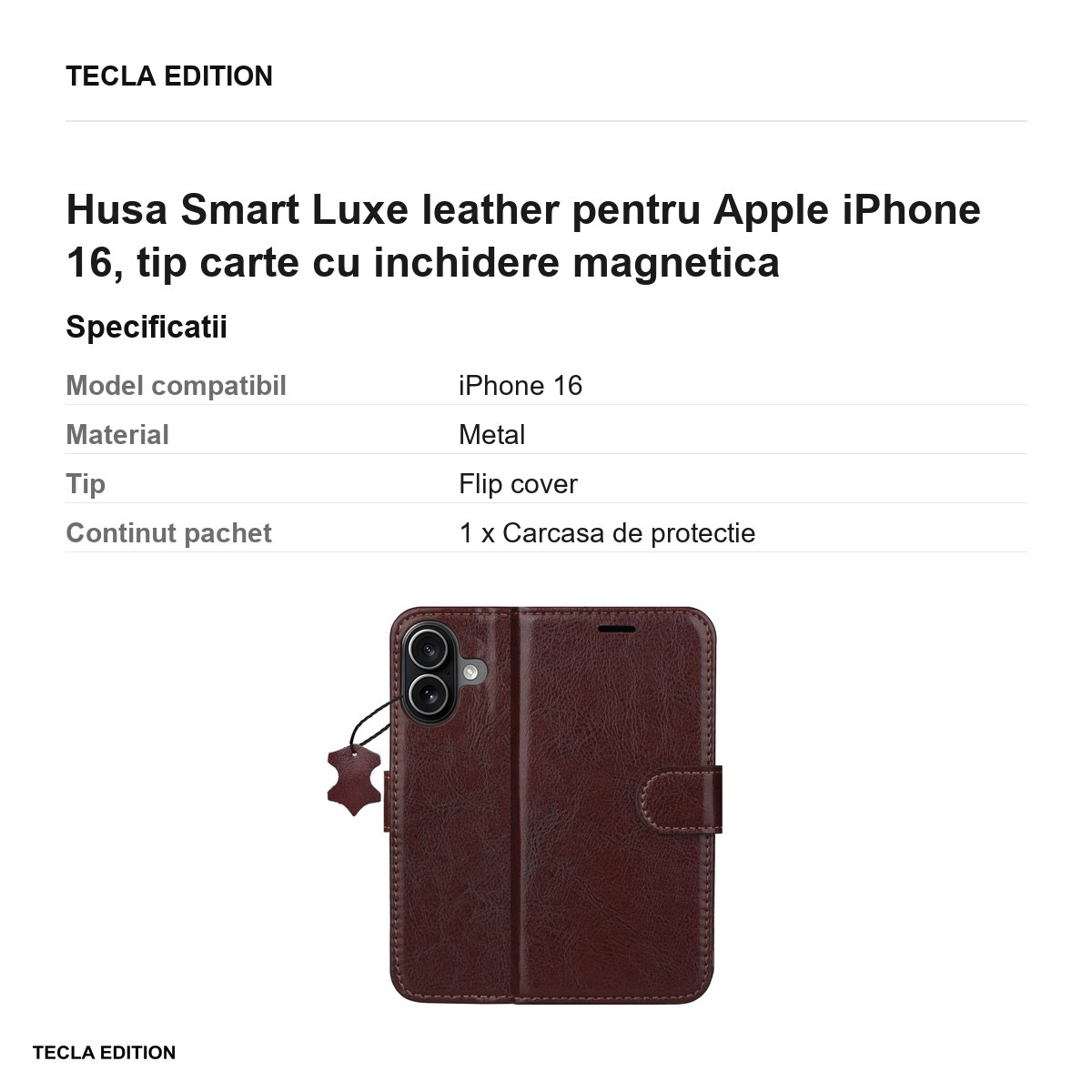 Husa Smart Luxe leather pentru Apple iPhone 16, tip carte cu inchidere magnetica, Maro [3]