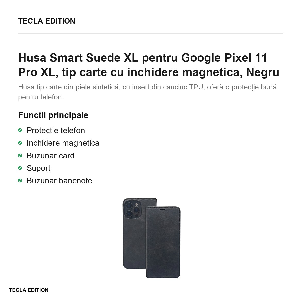 Husa Smart Suede XL pentru Google Pixel 11 Pro XL, tip carte cu inchidere magnetica, Negru [2]
