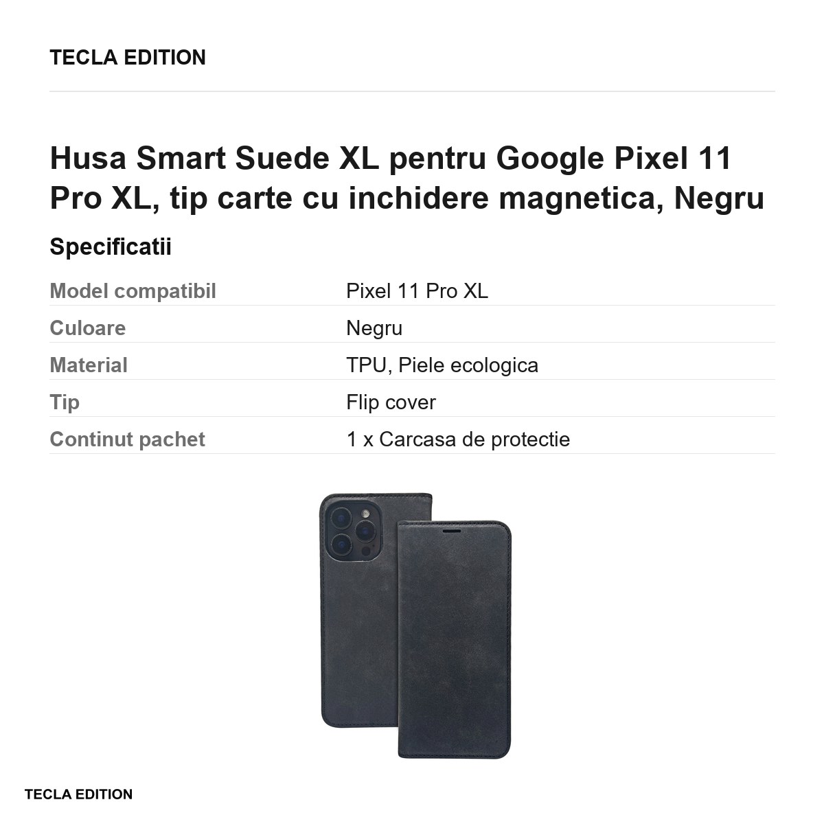 Husa Smart Suede XL pentru Google Pixel 11 Pro XL, tip carte cu inchidere magnetica, Negru [3]