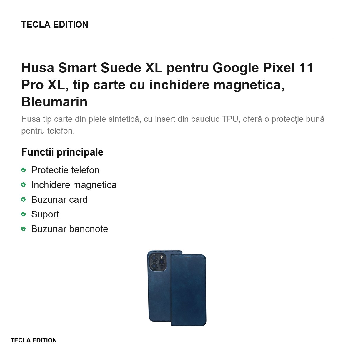 Husa Smart Suede XL pentru Google Pixel 11 Pro XL, tip carte cu inchidere magnetica, Bleumarin [2]