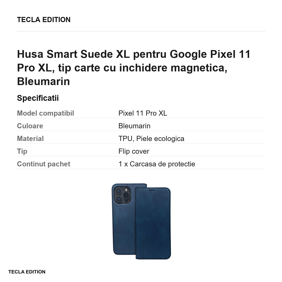 Husa Smart Suede XL pentru Google Pixel 11 Pro XL, tip carte cu inchidere magnetica, Bleumarin [3]