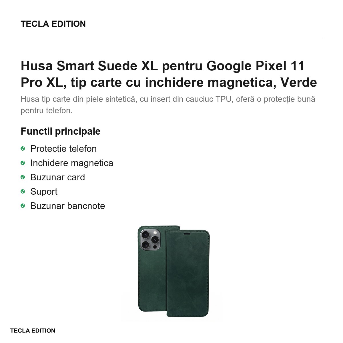Husa Smart Suede XL pentru Google Pixel 11 Pro XL, tip carte cu inchidere magnetica, Verde [2]