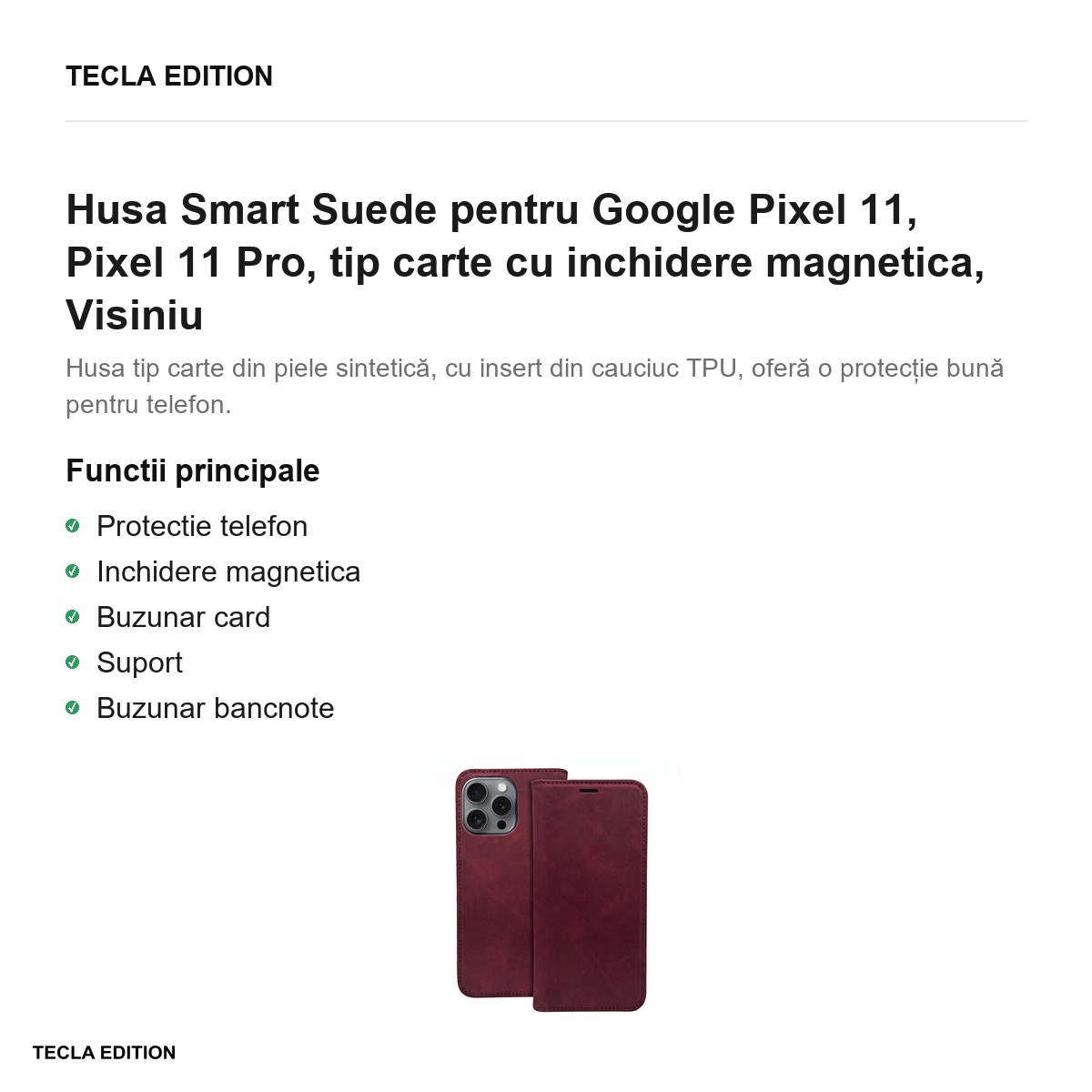 Husa Smart Suede pentru Google Pixel 11, Pixel 11 Pro, tip carte cu inchidere magnetica, Visiniu [2]