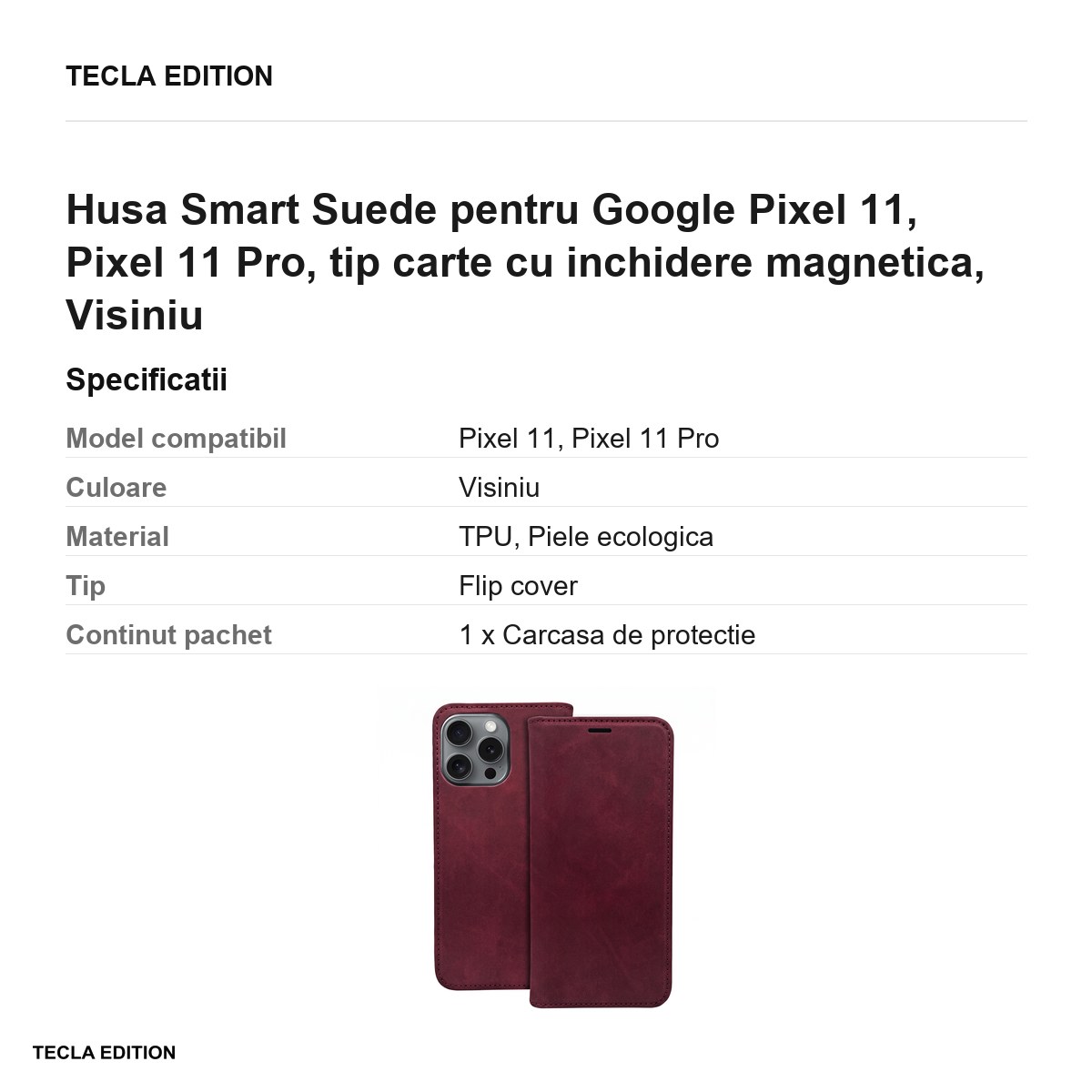 Husa Smart Suede pentru Google Pixel 11, Pixel 11 Pro, tip carte cu inchidere magnetica, Visiniu [3]
