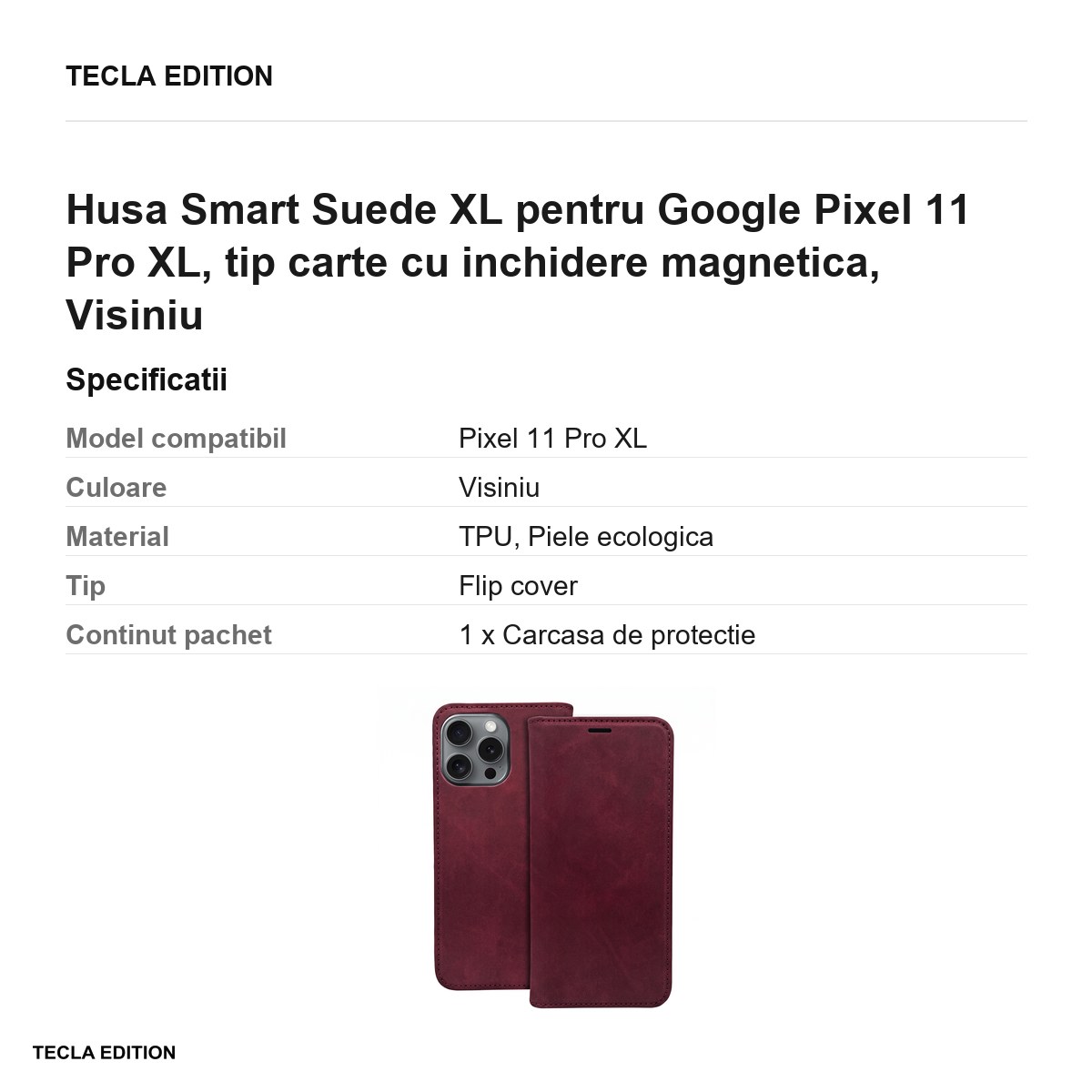 Husa Smart Suede XL pentru Google Pixel 11 Pro XL, tip carte cu inchidere magnetica, Visiniu [3]