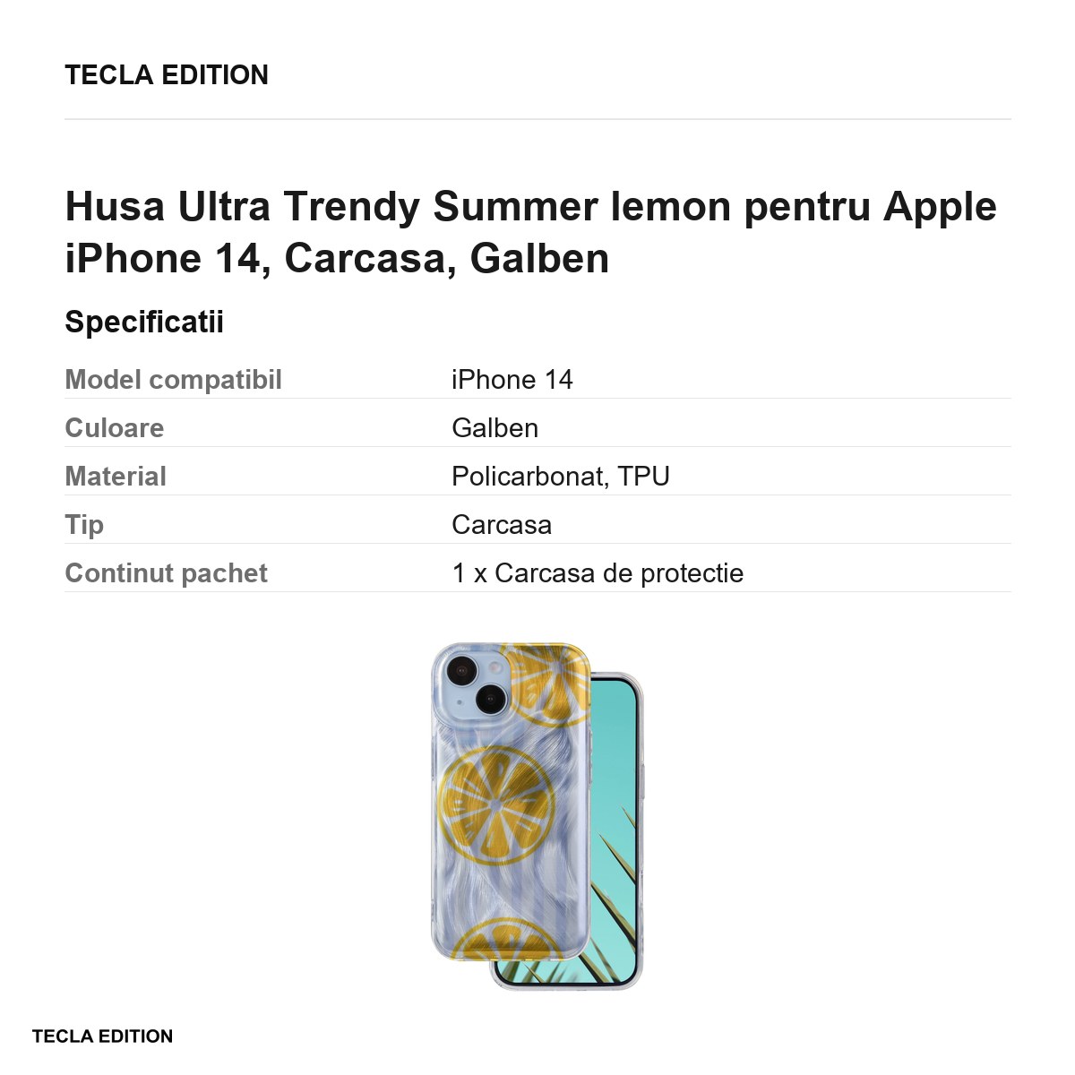Husa Ultra Trendy Summer lemon pentru Apple iPhone 14, Carcasa, Galben [3]