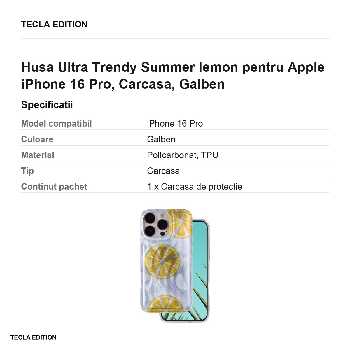 Husa Ultra Trendy Summer lemon pentru Apple iPhone 16 Pro, Carcasa, Galben [3]