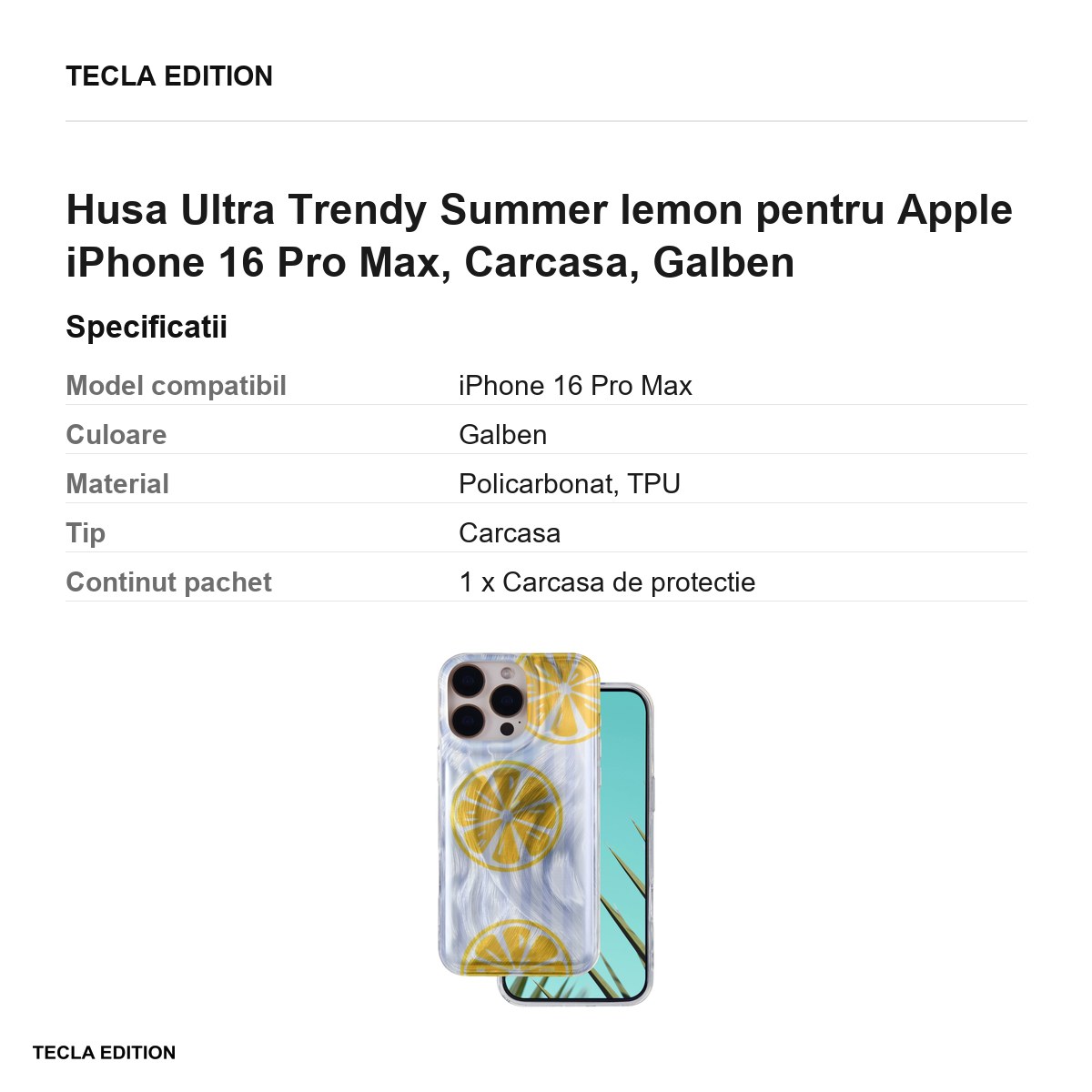 Husa Ultra Trendy Summer lemon pentru Apple iPhone 16 Pro Max, Carcasa, Galben [3]