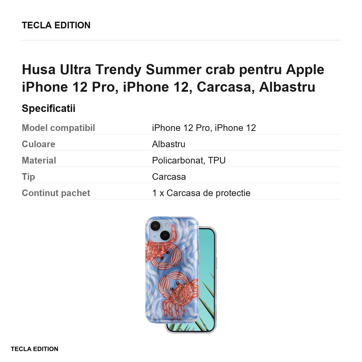 Husa Ultra Trendy Summer crab pentru Apple iPhone 12 Pro, iPhone 12, Carcasa, Albastru [3]