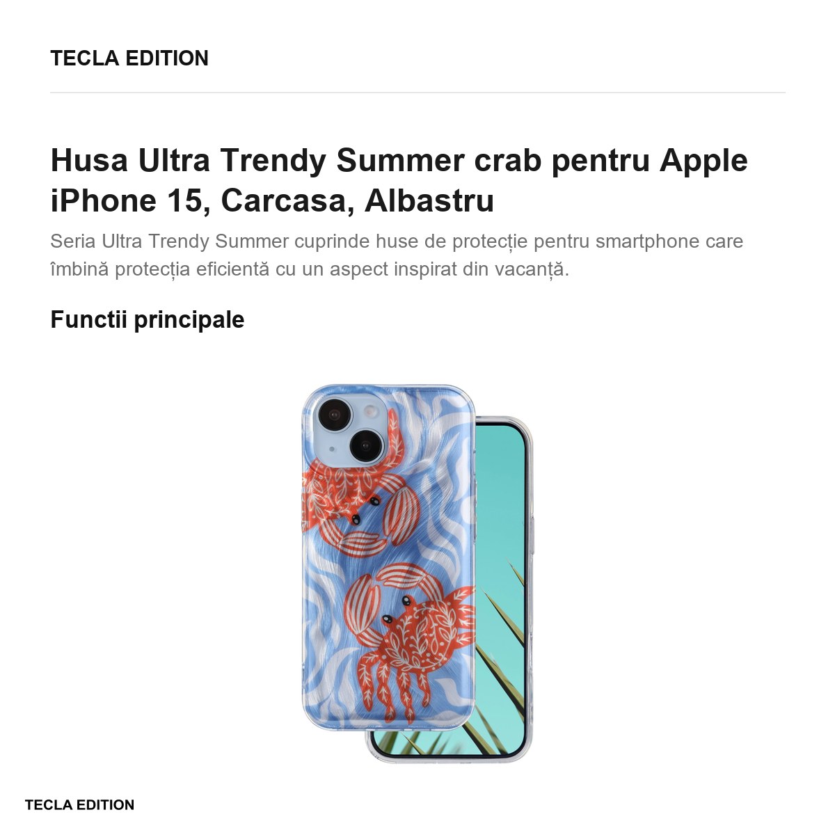 Husa Ultra Trendy Summer crab pentru Apple iPhone 15, Carcasa, Albastru [2]