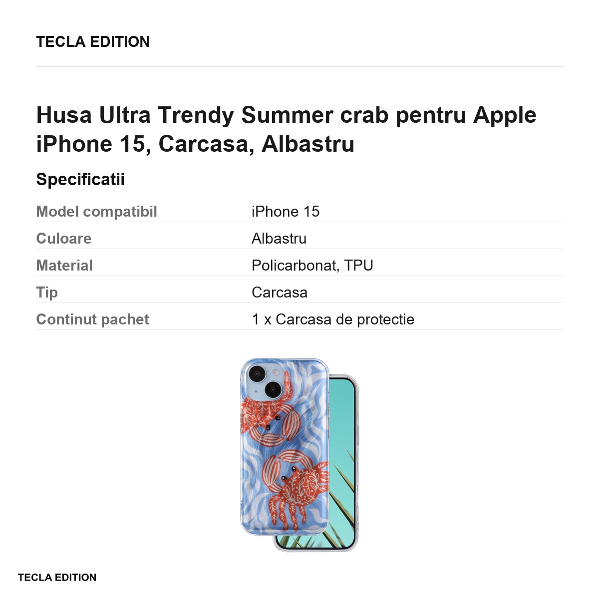 Husa Ultra Trendy Summer crab pentru Apple iPhone 15, Carcasa, Albastru [3]
