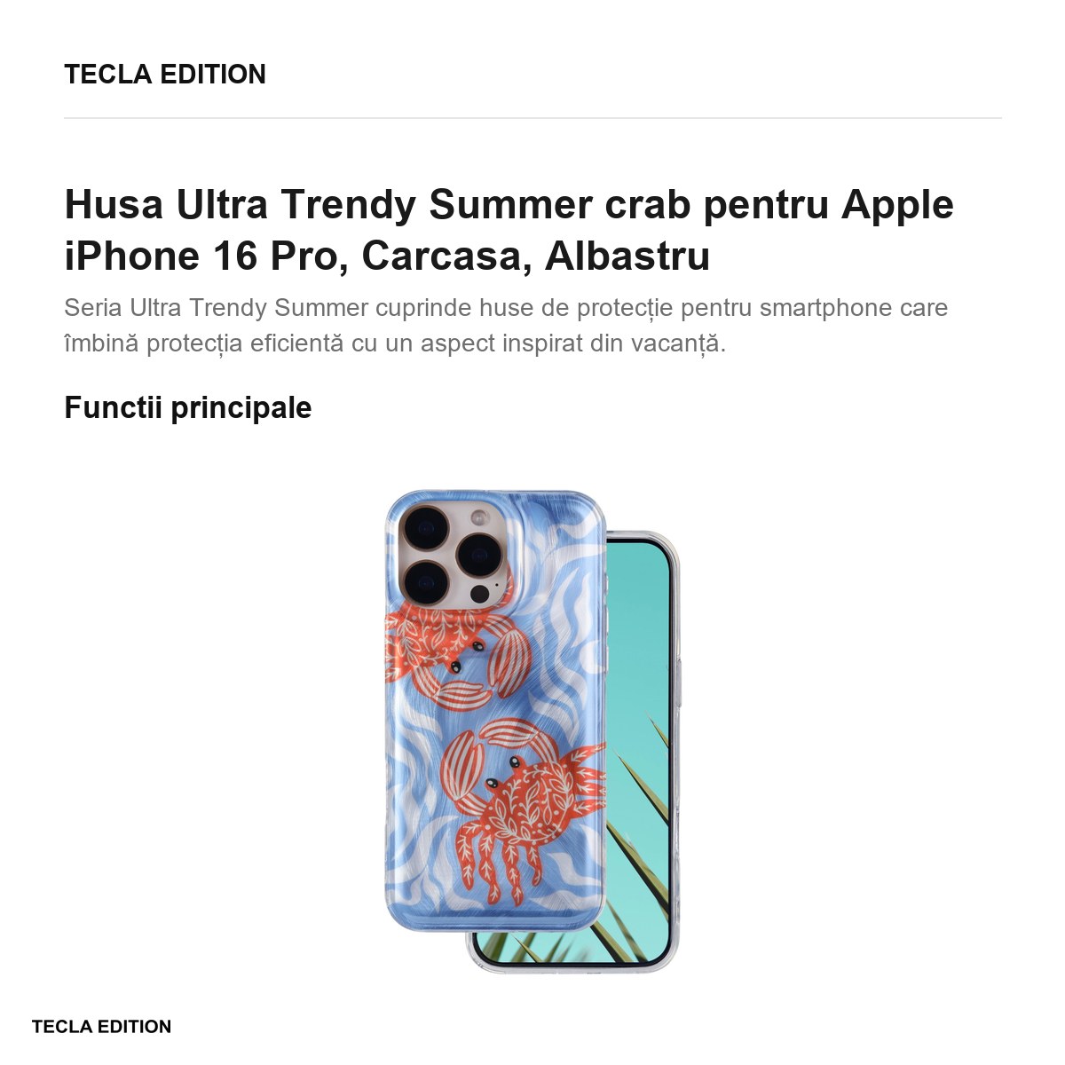 Husa Ultra Trendy Summer crab pentru Apple iPhone 16 Pro, Carcasa, Albastru [2]