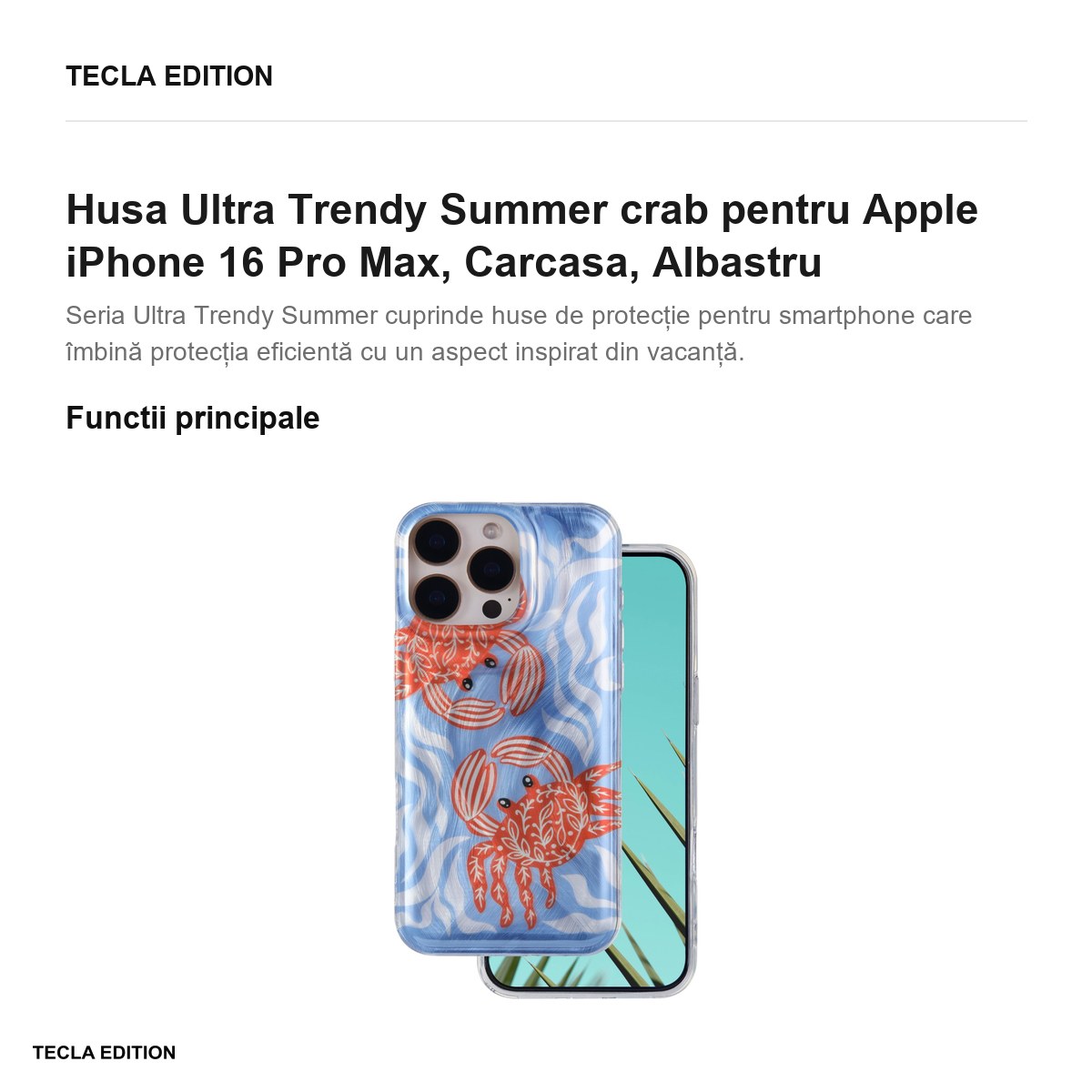 Husa Ultra Trendy Summer crab pentru Apple iPhone 16 Pro Max, Carcasa, Albastru [2]