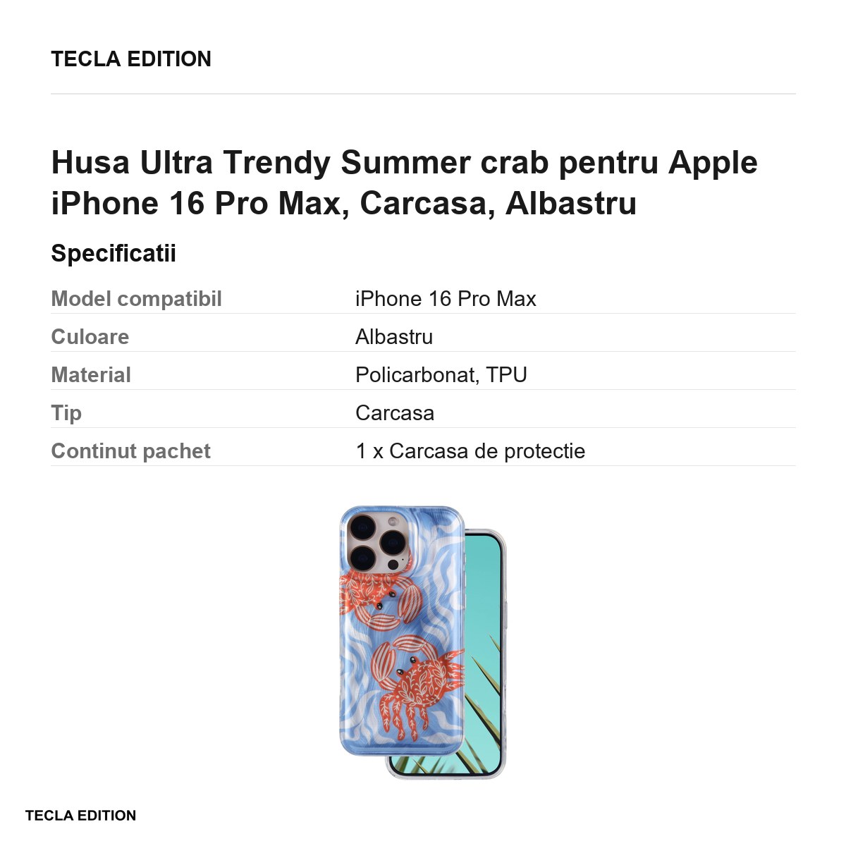 Husa Ultra Trendy Summer crab pentru Apple iPhone 16 Pro Max, Carcasa, Albastru [3]