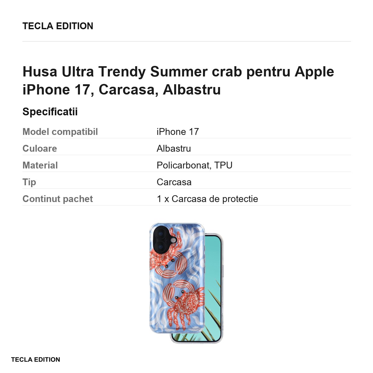 Husa Ultra Trendy Summer crab pentru Apple iPhone 17, Carcasa, Albastru [3]