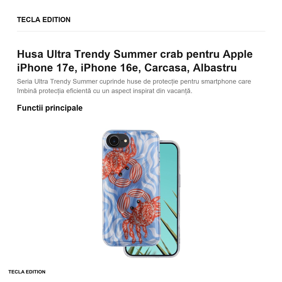 Husa Ultra Trendy Summer crab pentru Apple iPhone 17e, iPhone 16e, Carcasa, Albastru [2]