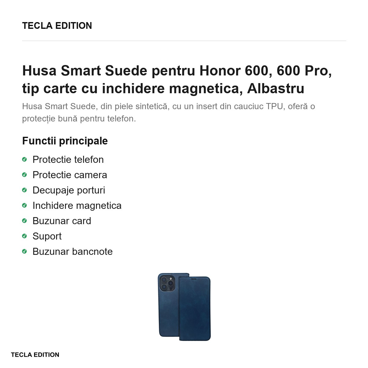 Husa Smart Suede pentru Honor 600, 600 Pro, tip carte cu inchidere magnetica, Albastru [2]