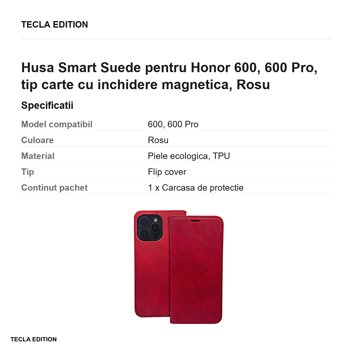 Husa Smart Suede pentru Honor 600, 600 Pro, tip carte cu inchidere magnetica, Rosu [3]