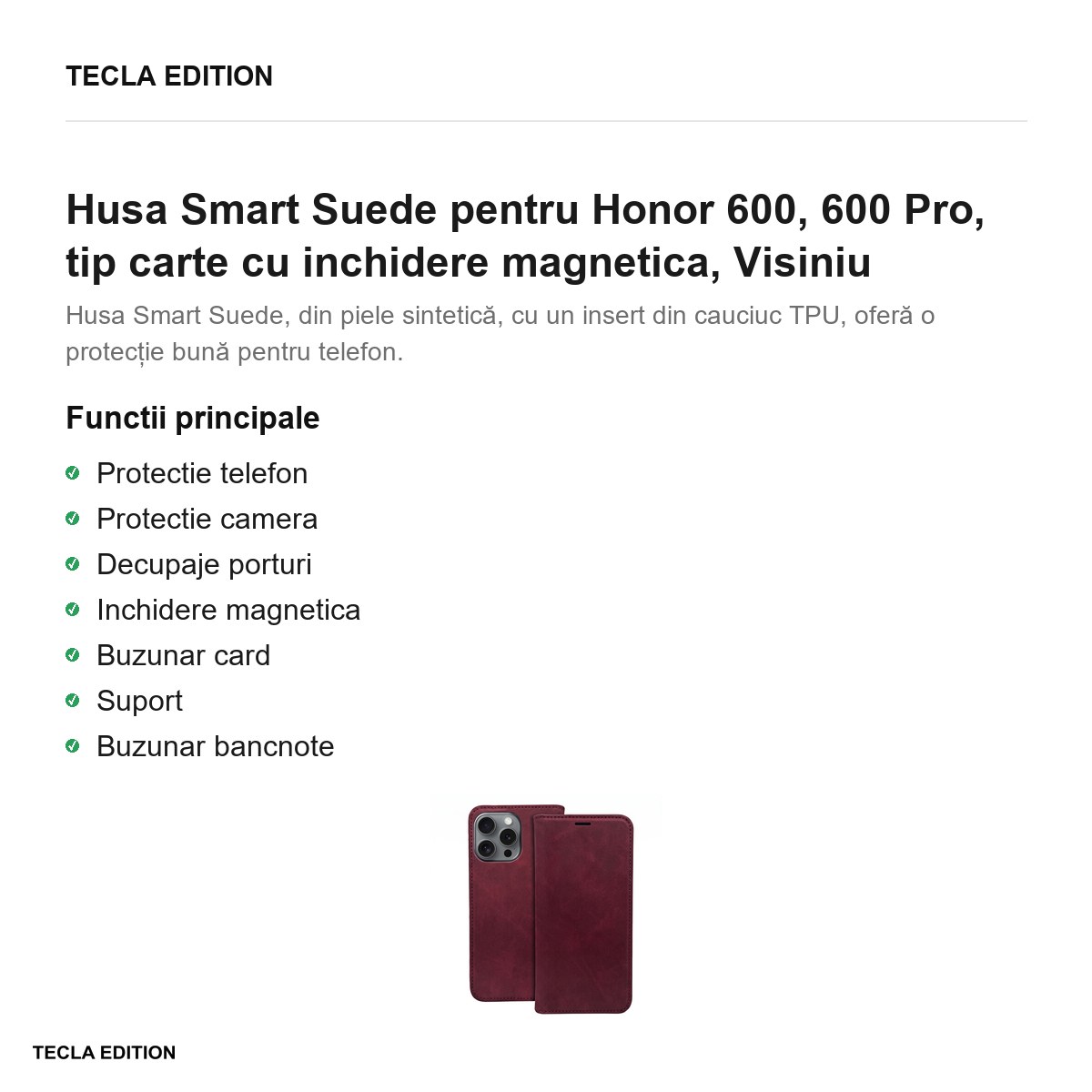 Husa Smart Suede pentru Honor 600, 600 Pro, tip carte cu inchidere magnetica, Visiniu [2]