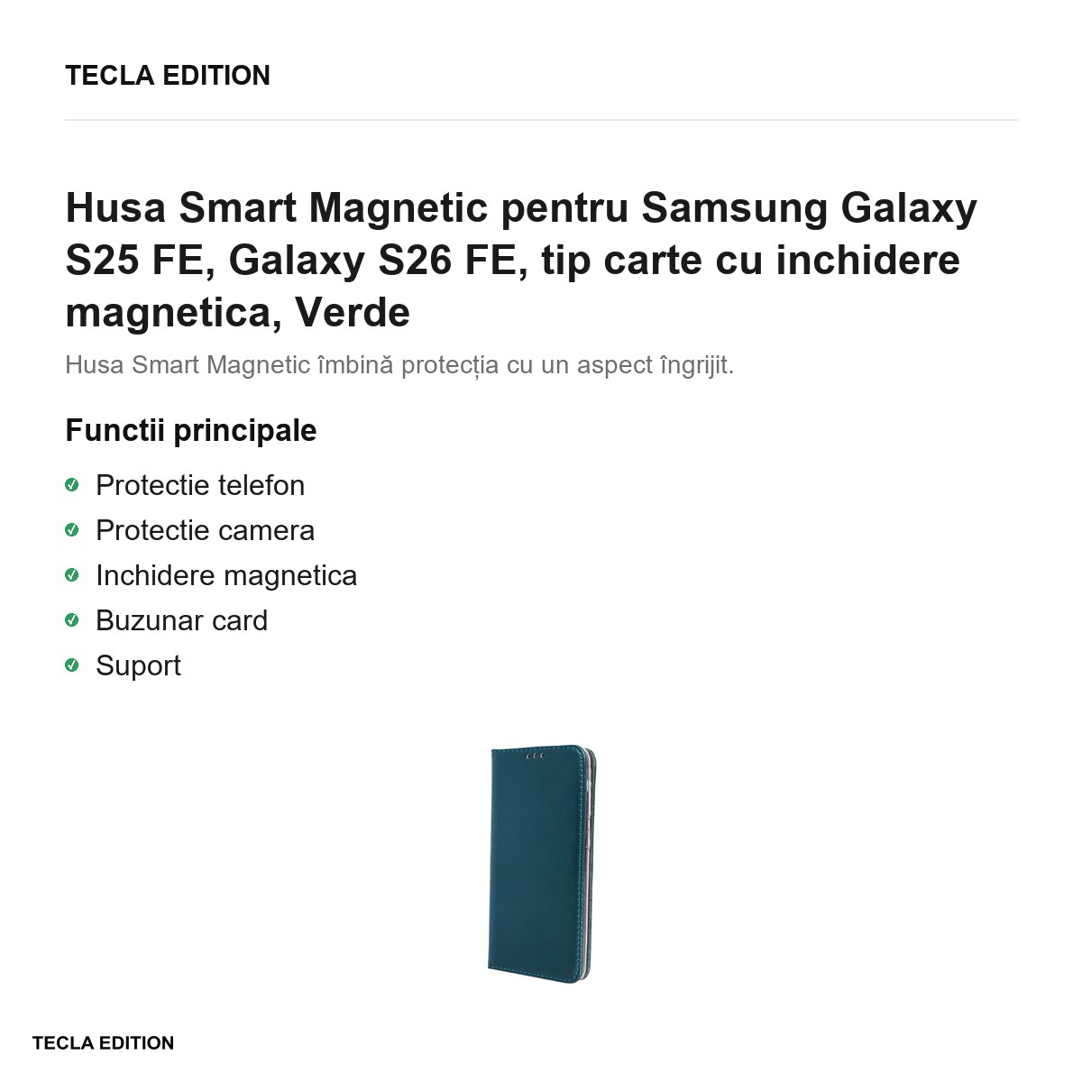 Husa Smart Magnetic pentru Samsung Galaxy S25 FE, Galaxy S26 FE, tip carte cu inchidere magnetica, Verde [2]