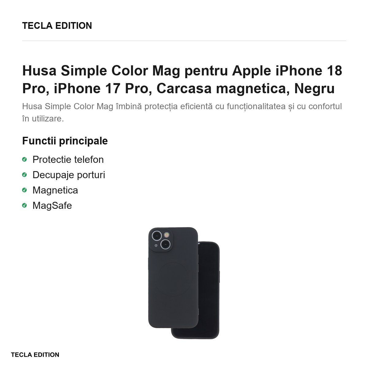 Husa Simple Color Mag pentru Apple iPhone 18 Pro, iPhone 17 Pro, Carcasa magnetica, Negru [2]