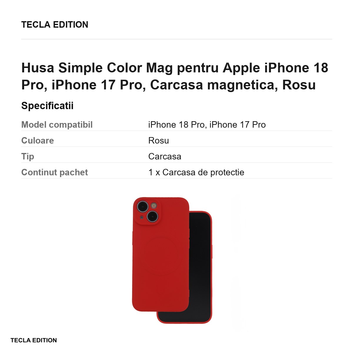 Husa Simple Color Mag pentru Apple iPhone 18 Pro, iPhone 17 Pro, Carcasa magnetica, Rosu [3]