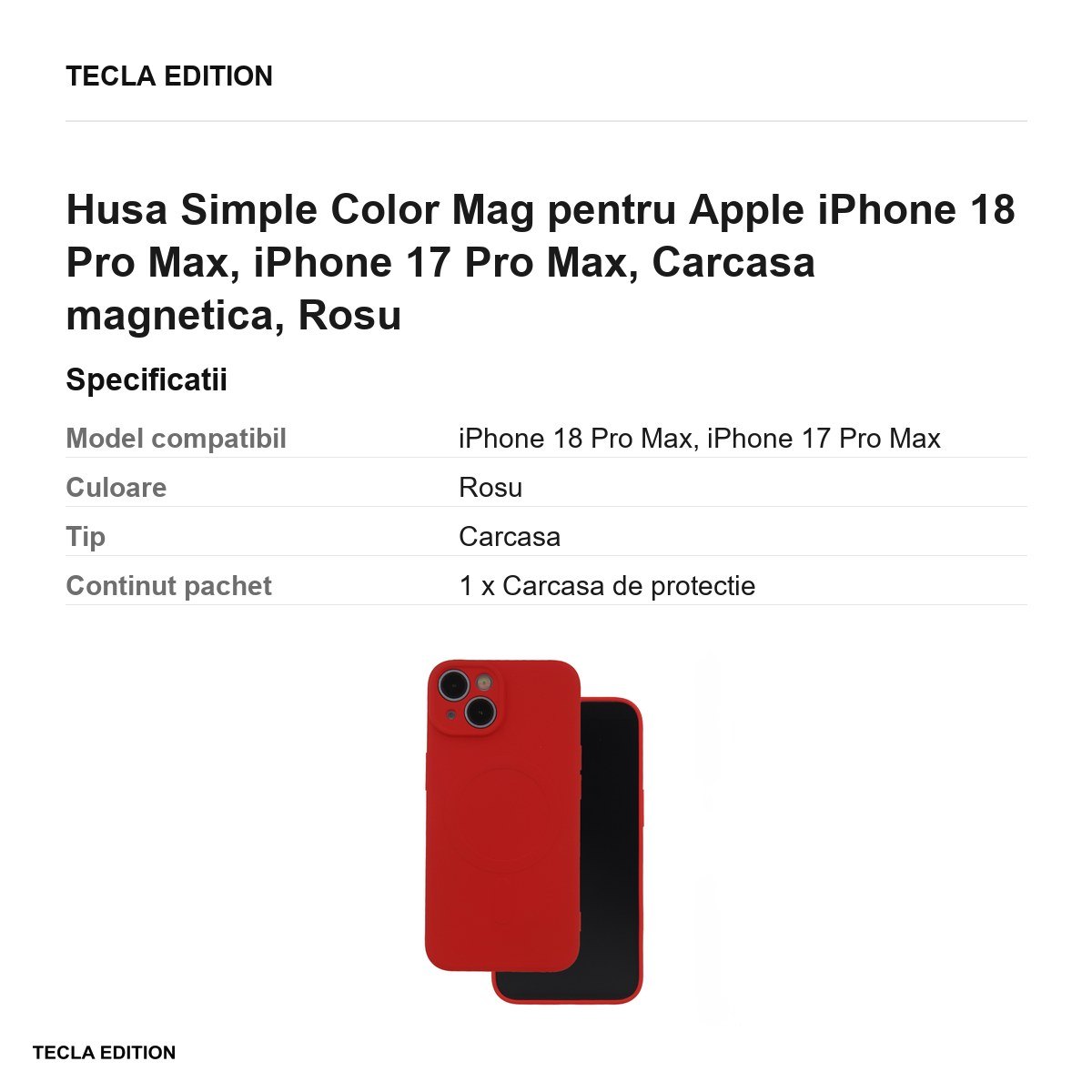 Husa Simple Color Mag pentru Apple iPhone 18 Pro Max, iPhone 17 Pro Max, Carcasa magnetica, Rosu [3]