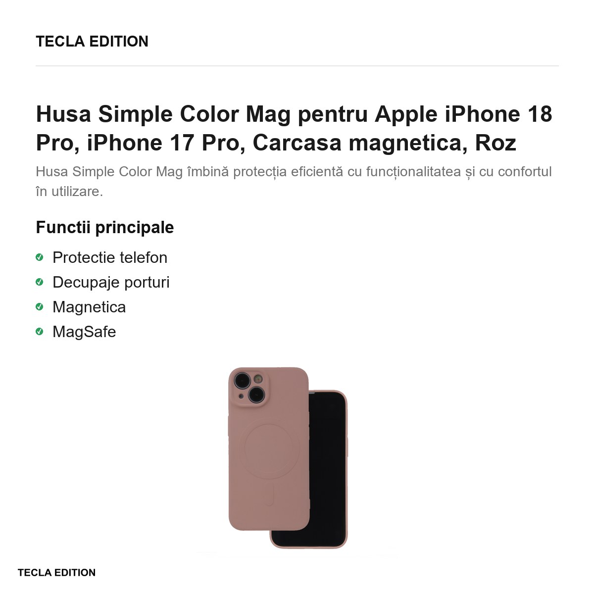 Husa Simple Color Mag pentru Apple iPhone 18 Pro, iPhone 17 Pro, Carcasa magnetica, Roz [2]