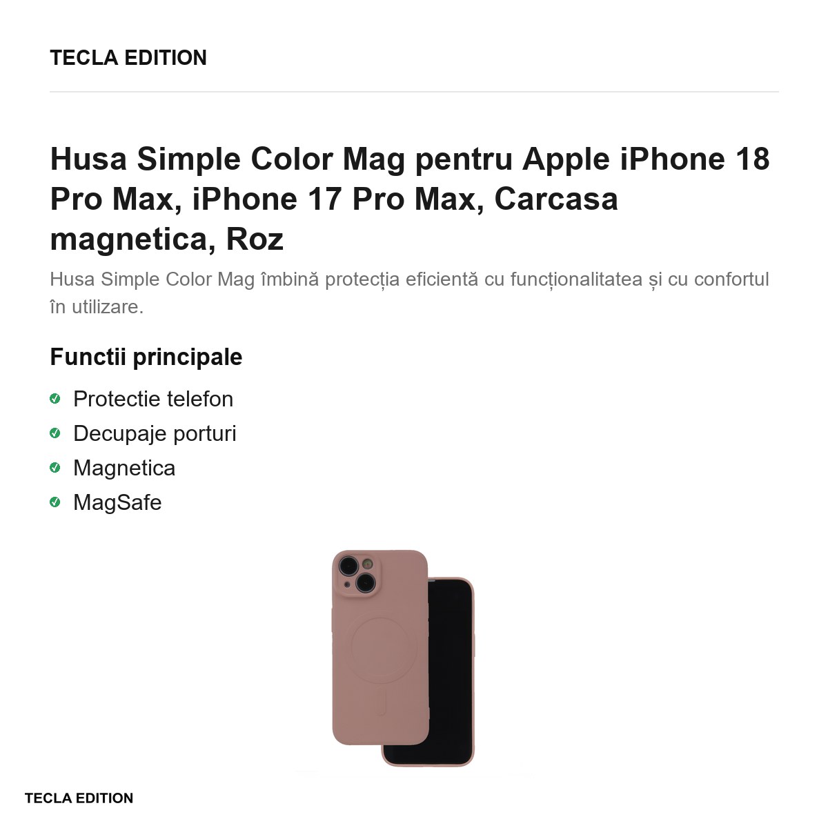 Husa Simple Color Mag pentru Apple iPhone 18 Pro Max, iPhone 17 Pro Max, Carcasa magnetica, Roz [2]