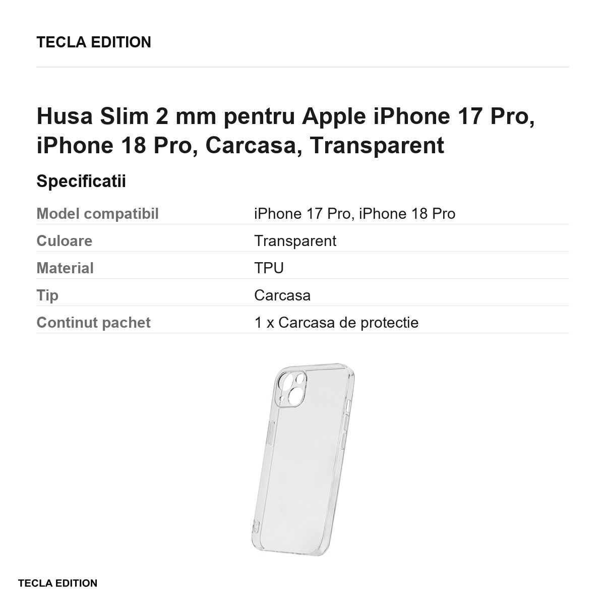 Husa Slim 2 mm pentru Apple iPhone 17 Pro, iPhone 18 Pro, Carcasa, Transparent [3]