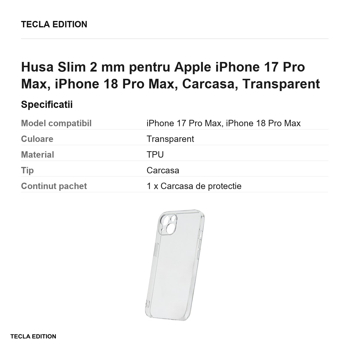 Husa Slim 2 mm pentru Apple iPhone 17 Pro Max, iPhone 18 Pro Max, Carcasa, Transparent [3]