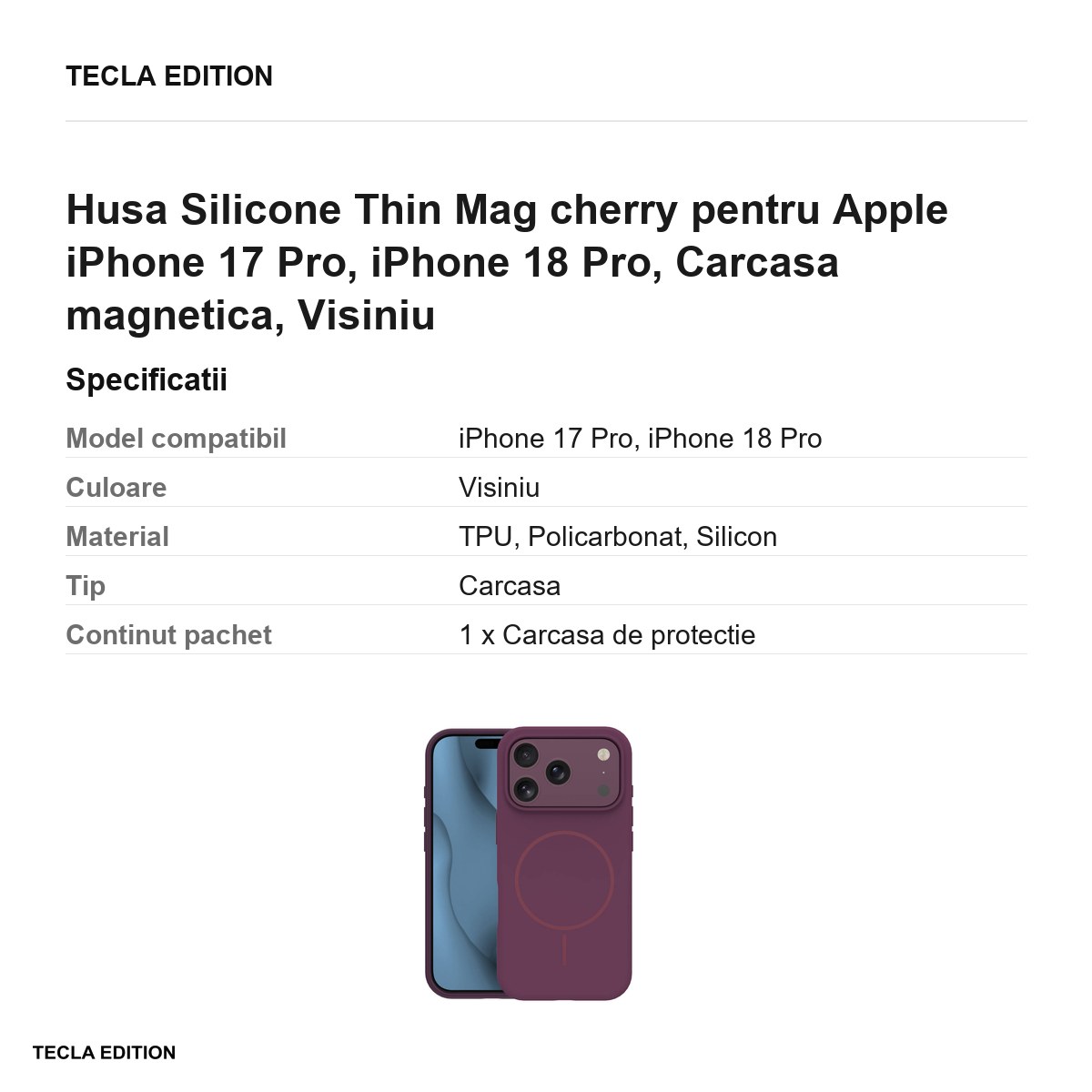 Husa Silicone Thin Mag cherry pentru Apple iPhone 17 Pro, iPhone 18 Pro, Carcasa magnetica, Visiniu [3]