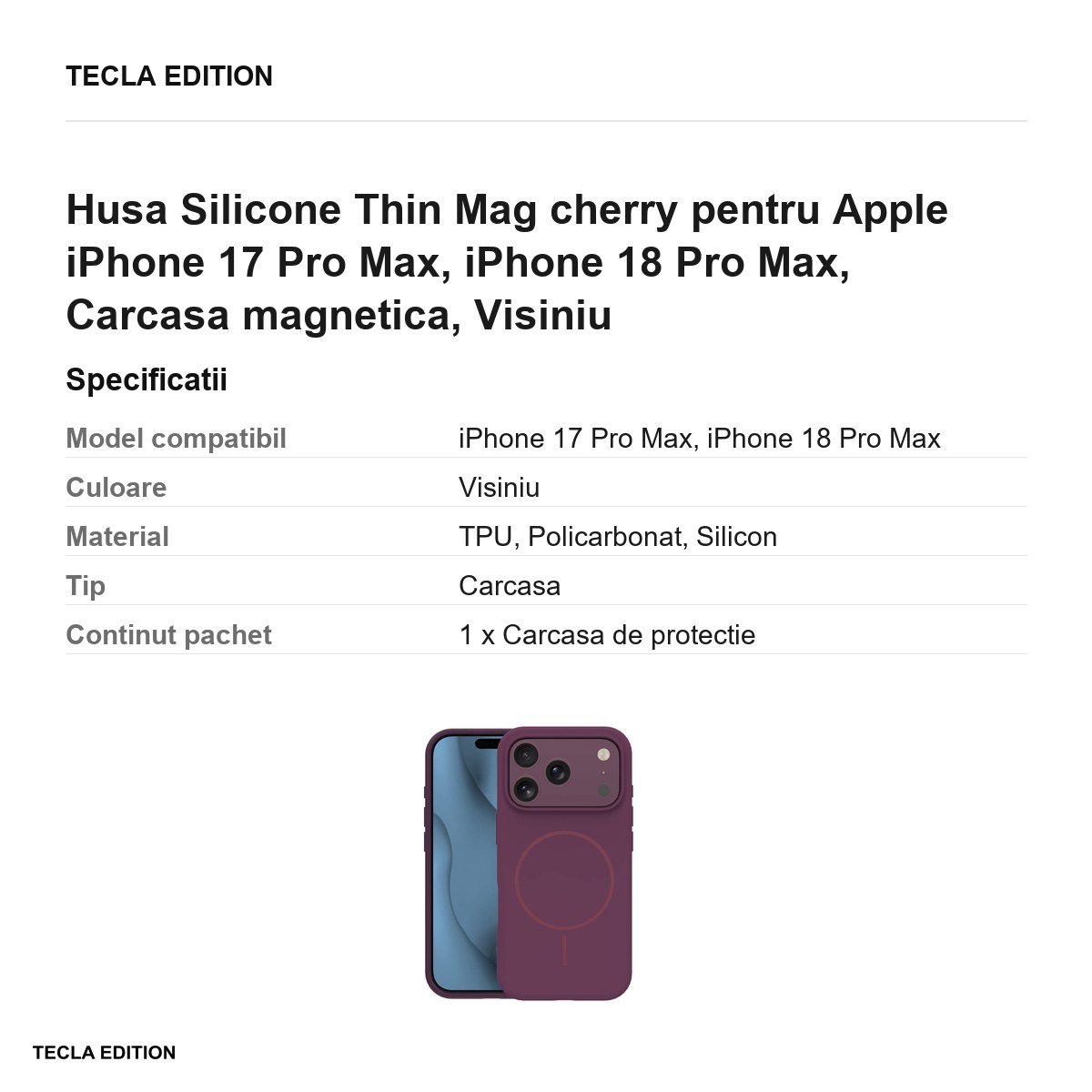 Husa Silicone Thin Mag cherry pentru Apple iPhone 17 Pro Max, iPhone 18 Pro Max, Carcasa magnetica, Visiniu [3]