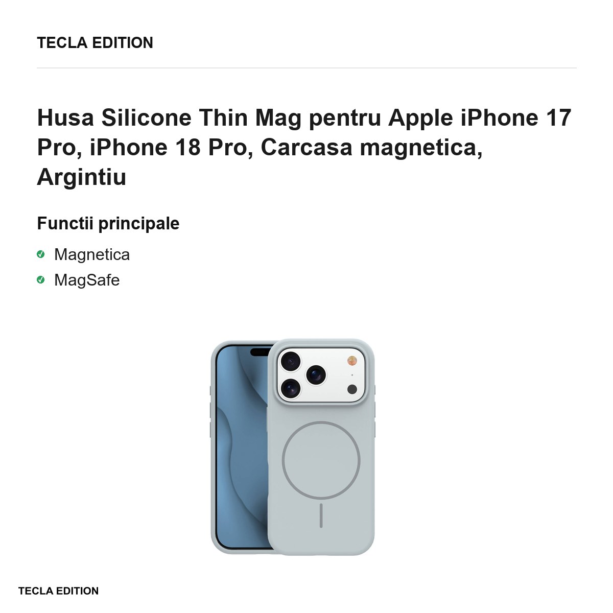 Husa Silicone Thin Mag pentru Apple iPhone 17 Pro, iPhone 18 Pro, Carcasa magnetica, Argintiu [2]