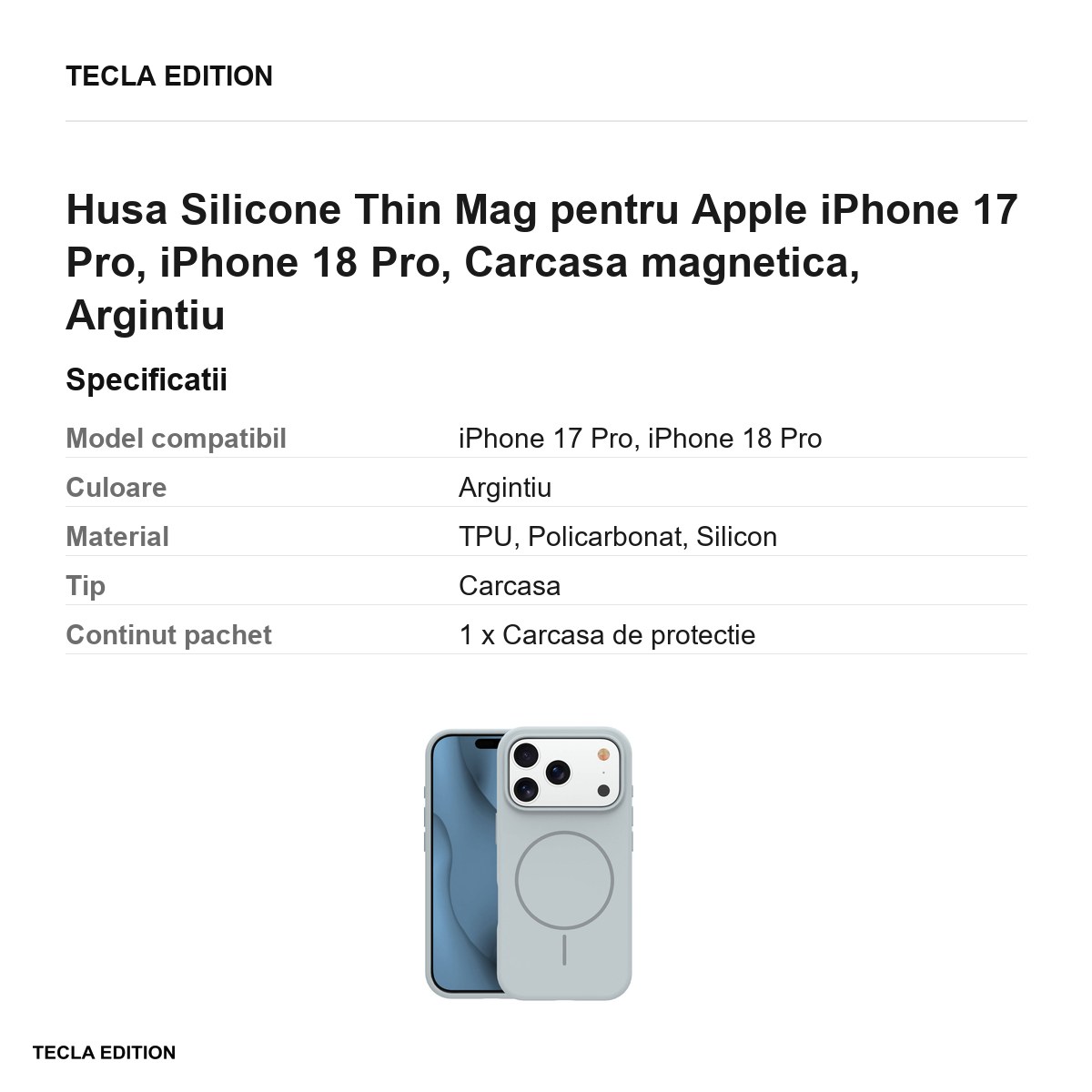 Husa Silicone Thin Mag pentru Apple iPhone 17 Pro, iPhone 18 Pro, Carcasa magnetica, Argintiu [3]