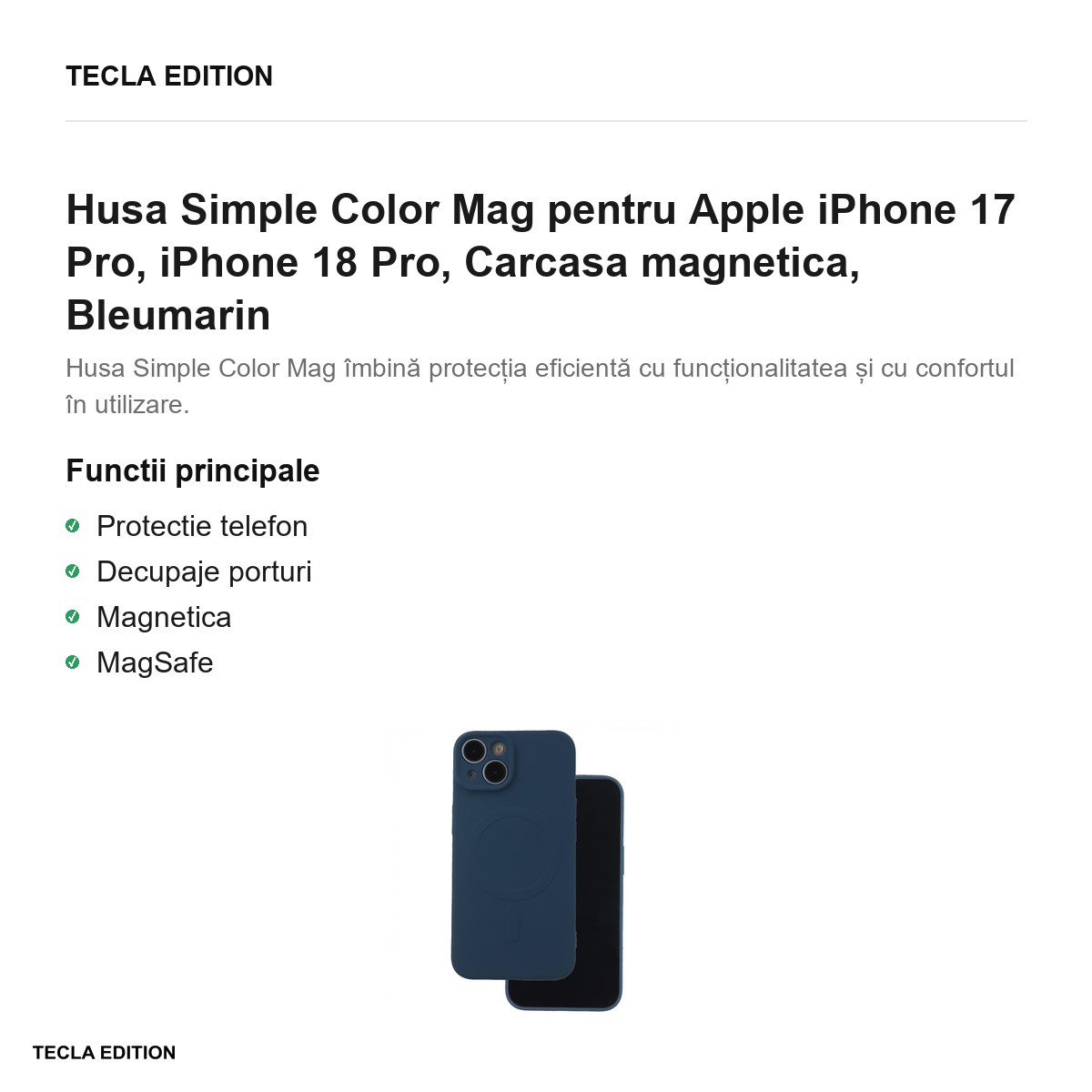 Husa Simple Color Mag pentru Apple iPhone 17 Pro, iPhone 18 Pro, Carcasa magnetica, Bleumarin [2]