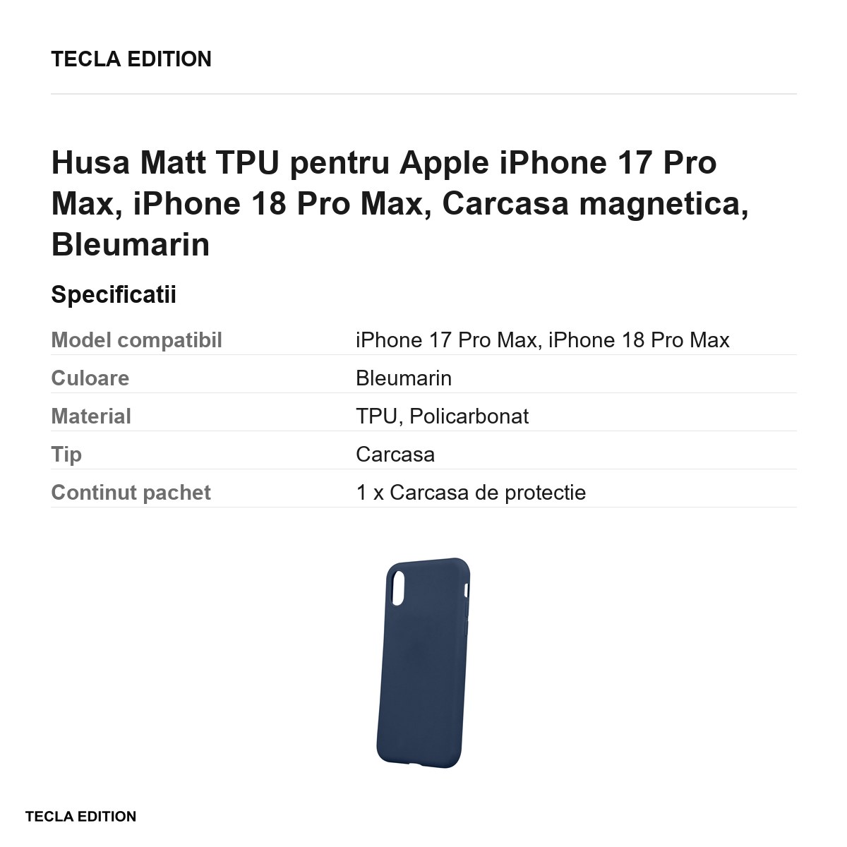 Husa Matt TPU pentru Apple iPhone 17 Pro Max, iPhone 18 Pro Max, Carcasa magnetica, Bleumarin [3]