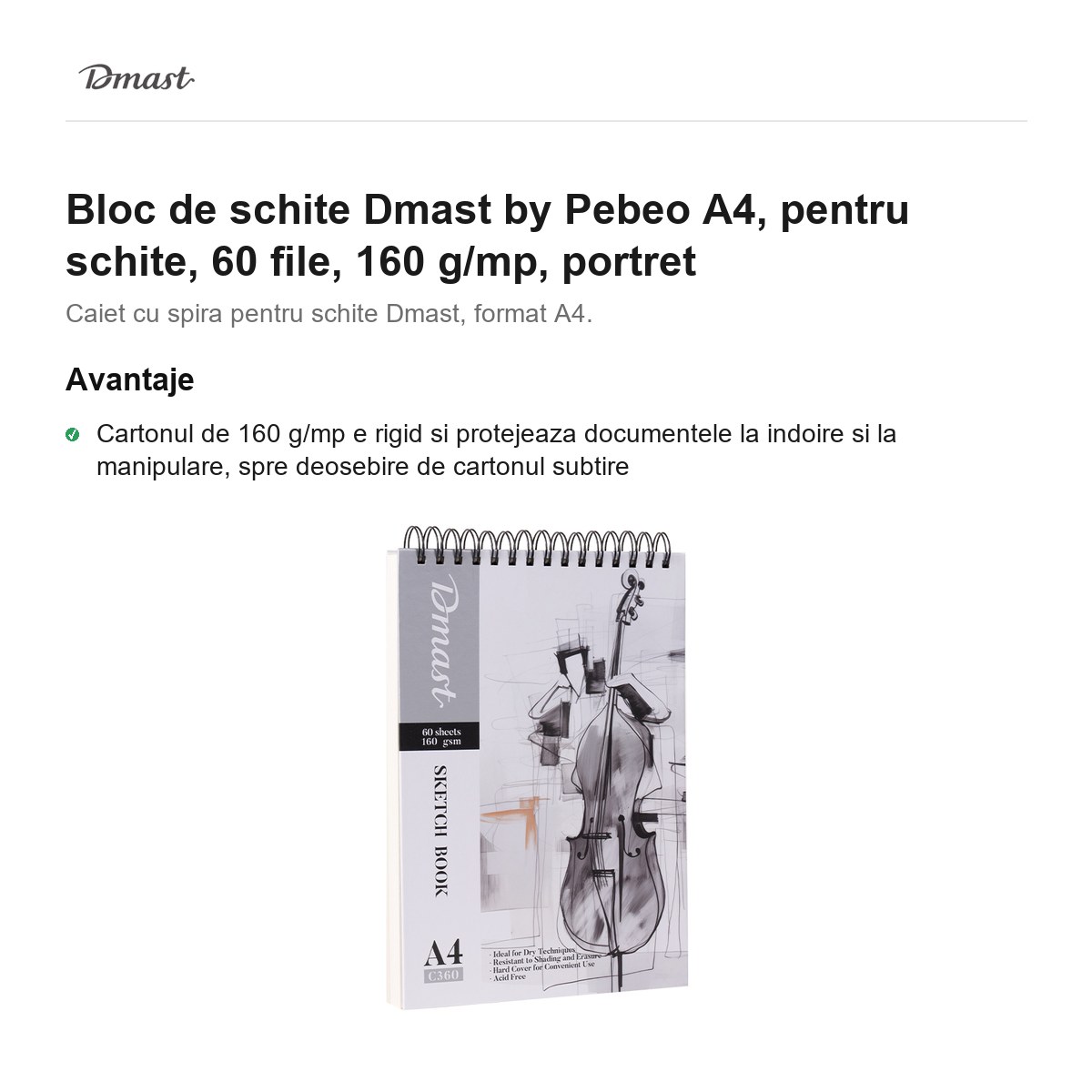 Bloc de schite Dmast by Pebeo A4, pentru schite, 60 file, 160 g/mp, portret [2]