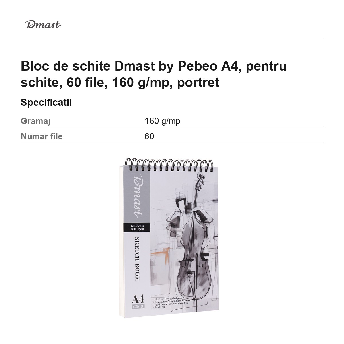 Bloc de schite Dmast by Pebeo A4, pentru schite, 60 file, 160 g/mp, portret [3]